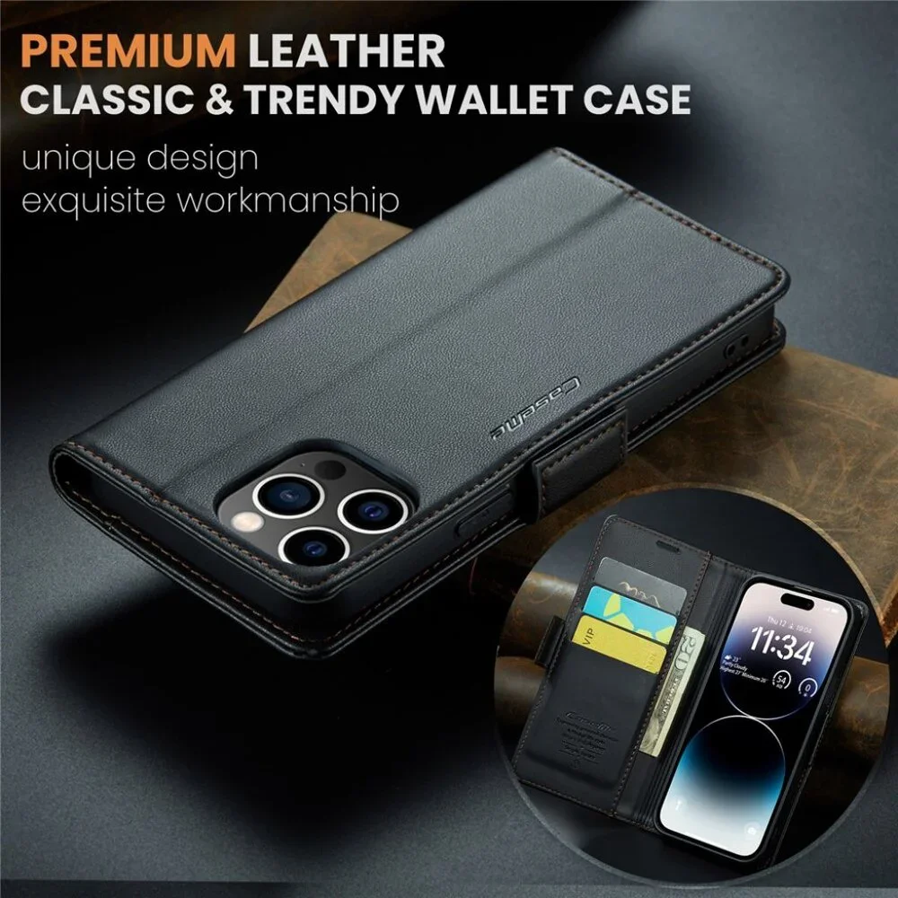 CaseMe 023 For iPhone 14 Pro Max Retro PU Leather Wallet Case Butterfly Buckle w